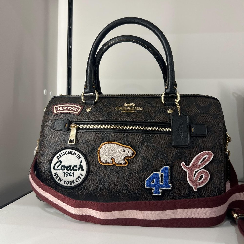 Coach Rowan Satchel Logo Patch Crossbody Bag with Burgundy and Pink Strap CE592